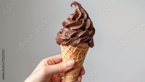 Holding a chocolate ice cream cone on a white background