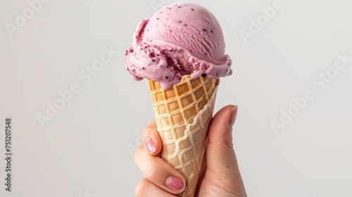 Hand holding blueberry ice cream cone on white background