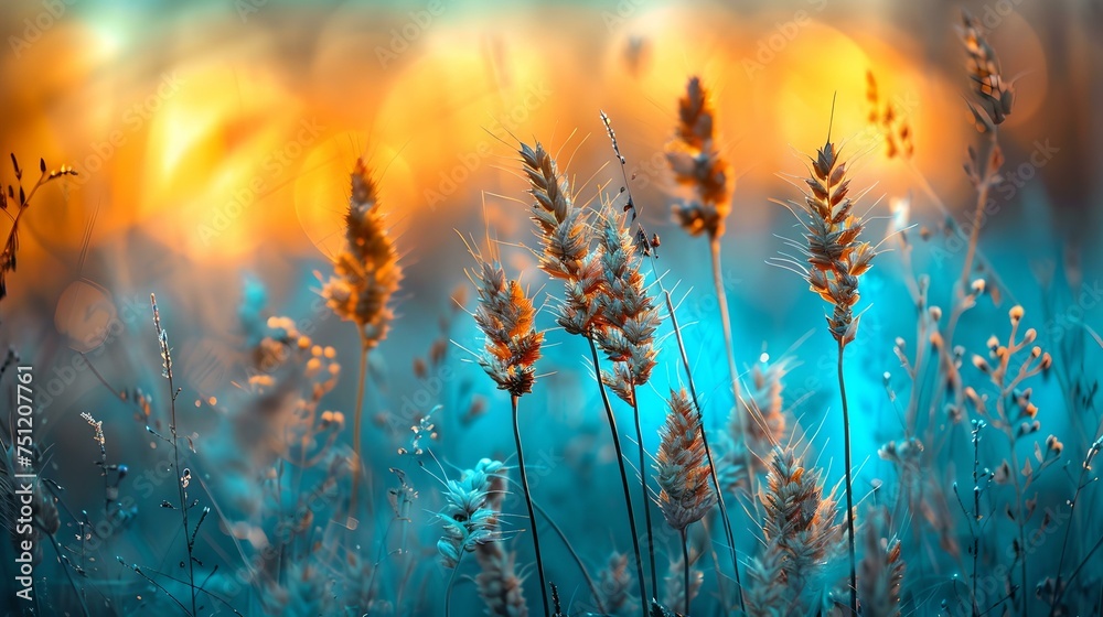 Serene nature scene with beautiful sunset and wildflowers. calm evening field atmosphere. background for relaxation and peace. AI Serene nature scene with beautiful sunset and wildflowers. calm evening field atmosphere. background for relaxation and peace. AI