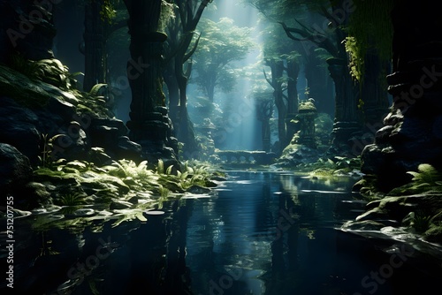 Fantasy landscape with a dark forest and a river. 3d rendering © Iman