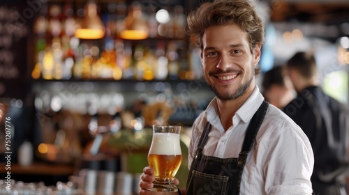 Happy waiter serving beer drinks while working in bar photo