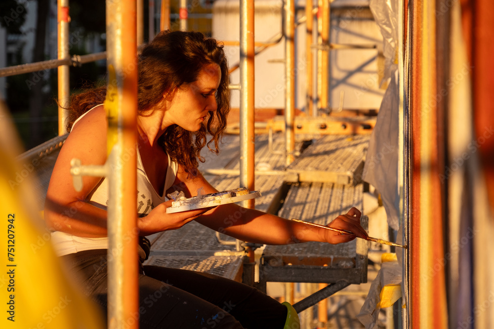 sexy female artist painter woman with curly brunette hair paints street art silicate color mural on scaffold with brush and palette on the facade in warm sunny sunset light sexy female artist painter woman with curly brunette hair paints street art silicate color mural on scaffold with brush and palette on the facade in warm sunny sunset light