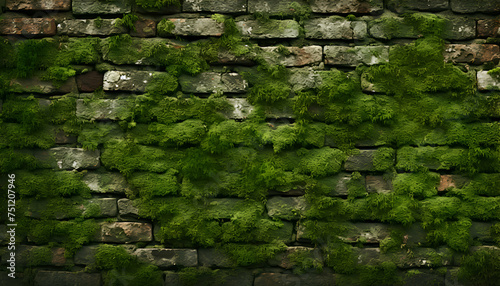Green moss on old brick wall texture background. Green moss background.