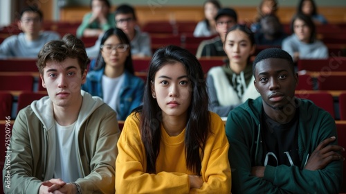 Multiethnic group of university students in lecture hall.