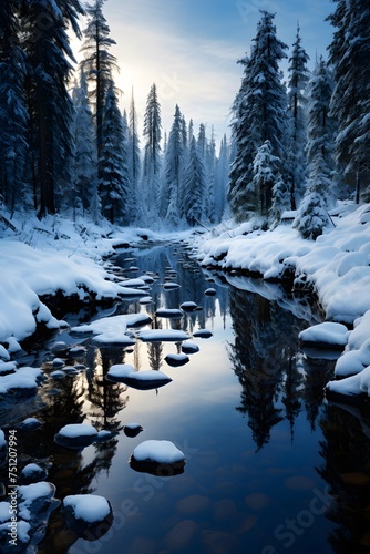 Beautiful winter landscape with a river in the forest. Snow-capped trees.