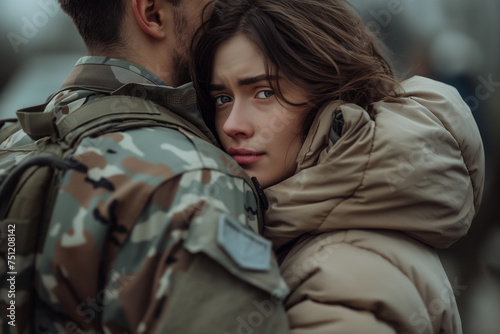 A young sad girl hugs her military boyfriend and sees him off to war