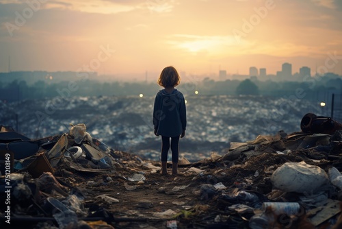 A toddler stands facing away from the camera, gazing towards the landfill with a sense of wonder