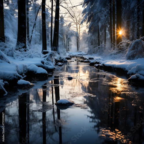 Winter landscape with a frozen river in the forest at sunset. Beautiful winter background