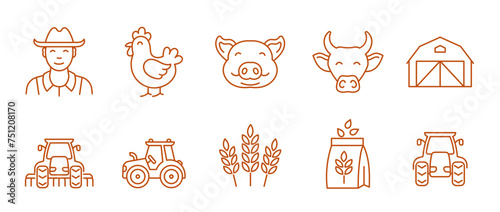 Livestock farm. Agricultural machinery. Set of icons. Vector editable outline stroke.