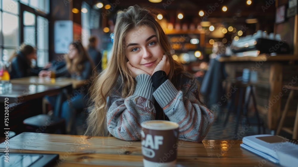 Fototapeta premium Portrait of young woman drinking coffee in cafe.