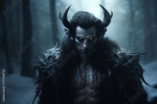 Vampire with twisted horns and glowing eyes, of Scandinavian descent, haunting the frozen wastelands of the far north, his demonic presence striking fear into the hearts of all who 