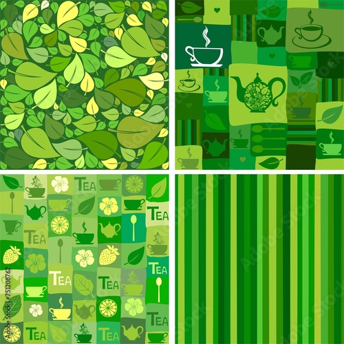 Green tea. Seamless pattern with tea pots and tea cups. Endless texture can be used for package design, menu, printing onto fabric and paper or scrap booking. Hot drinks menu. Illustration