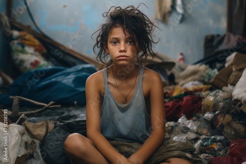 Hispanic girl, aged 8, surrounded by debris in her makeshift home on a landfill