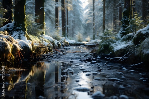 Beautiful winter forest landscape with a small river in the middle.