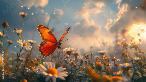 Enchanting butterfly fluttering delicately among the blooming wildflowers.  photo