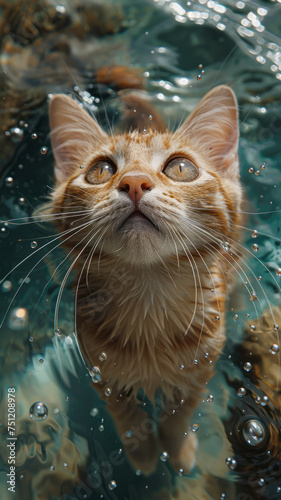 Cat enjoys backstroke in Tiffany Blue Seawater, bathed in golden starlight.generative ai