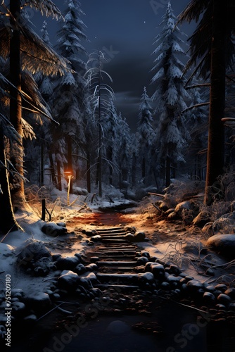 Winter forest at night with snow covered trees and path - 3d render
