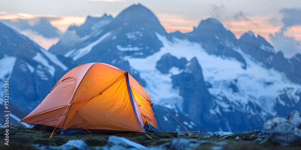 forest night view of a dystopian city with colorful tents in a park, tent on snow hill in winter, Orange tent standing in mountains on the snow