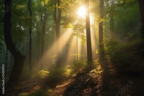 sunlight, forest, green, beautiful, rays, nature, trees, landscape, scenery, tranquil, serene, shadows, foliage © Sumon