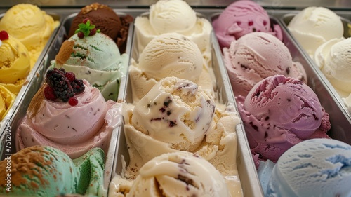 A variety of homemade ice cream flavors, including vanilla, chocolate, strawberry, and more.