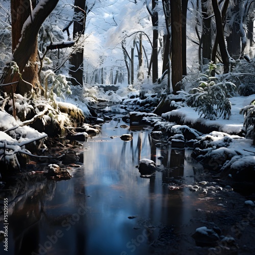 Winter landscape with snow covered trees and river in the forest, digital painting
