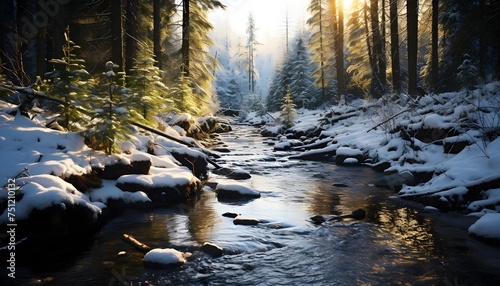 Beautiful winter landscape with a mountain river and forest in the background