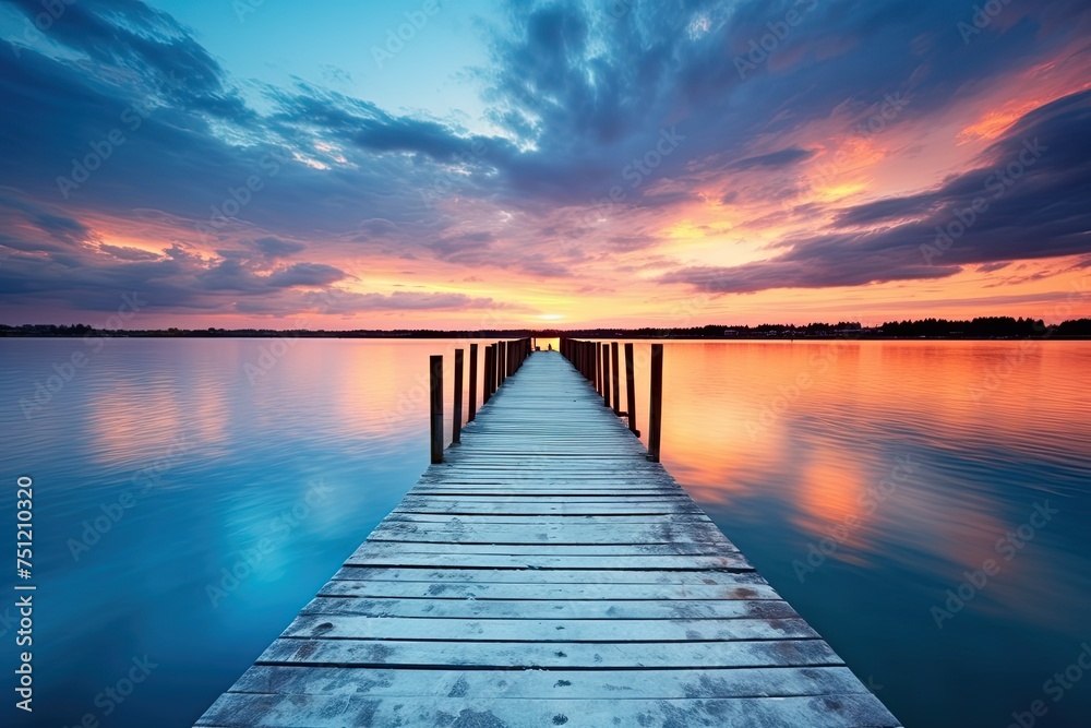 Blue Lake at Sunset: Wooden Piers Reflecting on the Serene Waters with Stunning Horizon Design