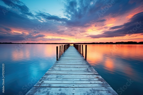 Blue Lake at Sunset  Wooden Piers Reflecting on the Serene Waters with Stunning Horizon Design