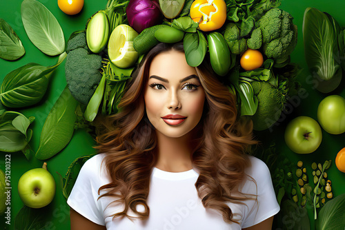 Green background of a woman with vegetables in her hair, banner voor vegan day or vegetarian week photo