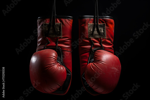 Grit and Glory: Suspended Pair of Worn Red Leather Boxing Gloves, a Testament to Resilience and Determination © Alvin