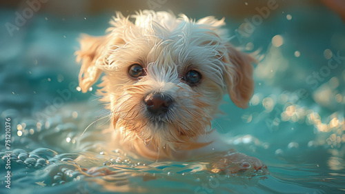 a white puppy swimming in the swimming pool, in the style of light,generative ai © LomaPari2021