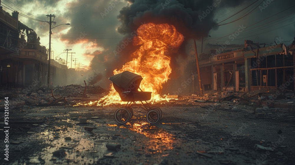 a vintage stroller burning in the middle of a big street of a destroyed city,generative ai