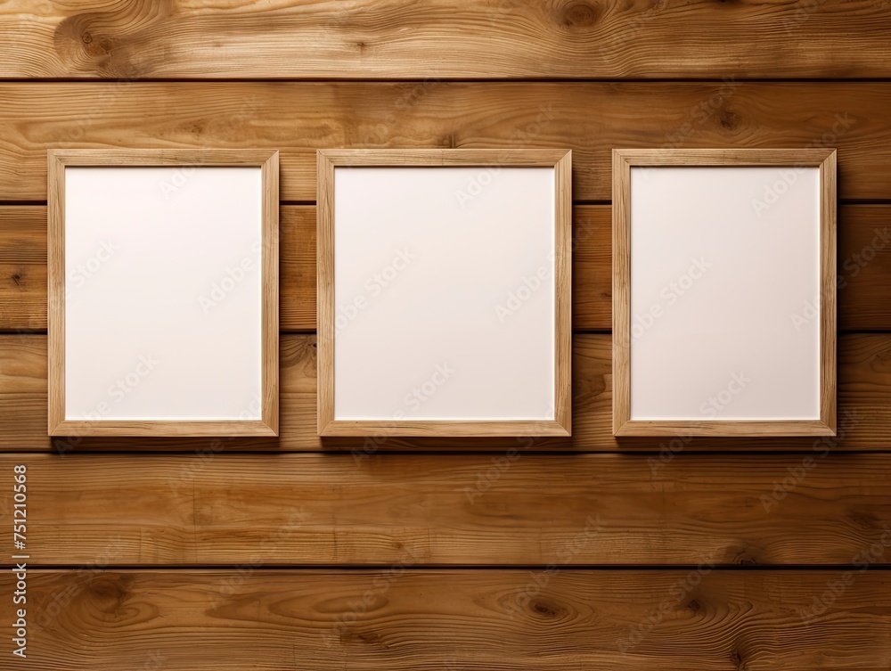 Blank Frames on Wooden Texture Background for Copy Space. Set of Three Rectangular Frames with Clip