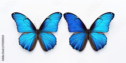 Blue Tropical Beauty: Close-up Macro of Two Isolated Flying Blue Butterflies with Spread Wings © Serhii