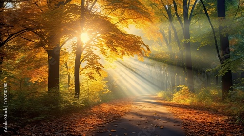 Colorful Forest in Autumn: A Beautiful and Natural Landscape with Vivid Morning Sunlight