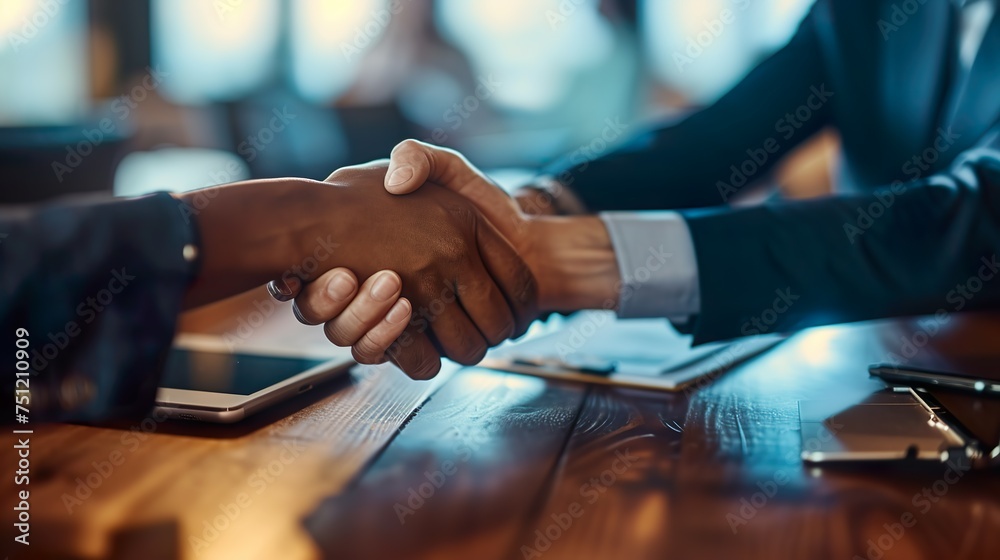 agreement in action: a decisive handshake over the table at a business meeting, symbolizing professional commitment and collaboration