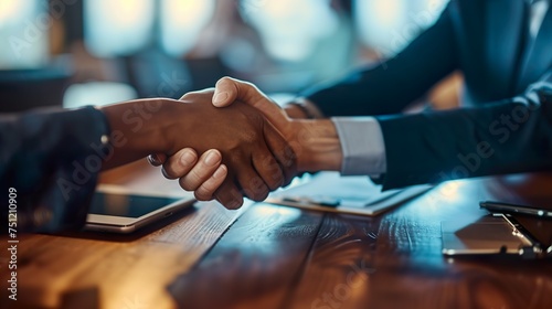 agreement in action: a decisive handshake over the table at a business meeting, symbolizing professional commitment and collaboration photo