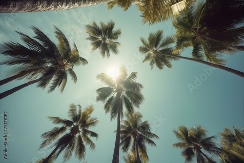 blue, sky, palm, trees, view, vintage, below, nature, scenery, summer, tropical, landscape, clouds