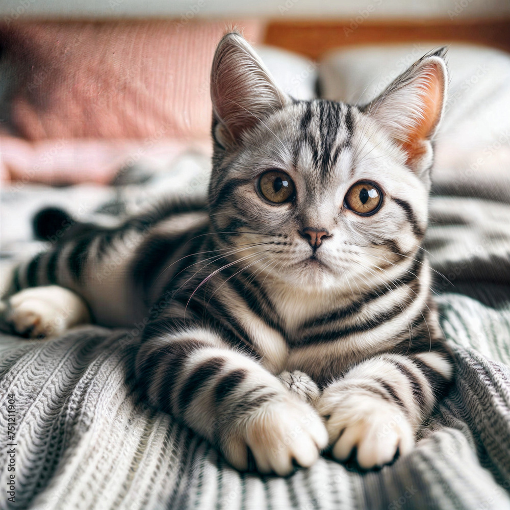 British Shorthair cat sitting on the bed