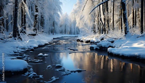 Beautiful winter landscape with a frozen river and forest in the background © Iman