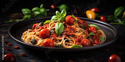 Authentic Italian Lunch: Spaghetti with Tomatoes and Sauce on Dark Plate, Garnished