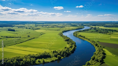 Aerial Landscape View of Green Fields and River in Natural Poland