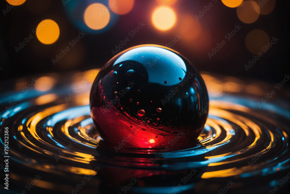 A beautiful orb floating on a swirling vortex of beautiful black thick glutinous liquid - obrazy, fototapety, plakaty 