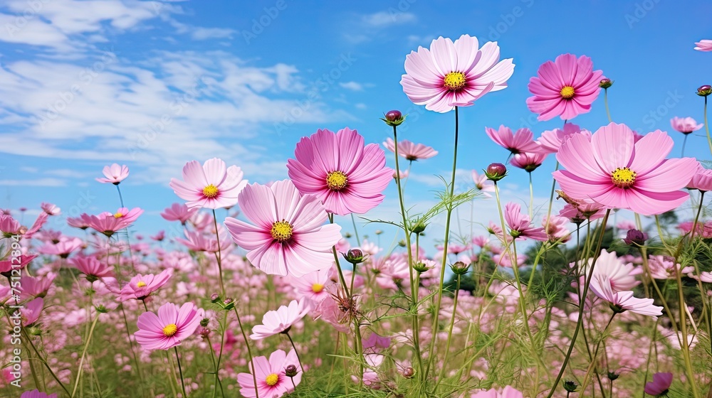 Flower Blossom in a Cosmos Garden: Stunning Pink Blooms in a Field with Green Background and Sky