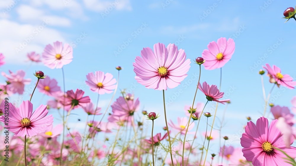 Flower Blossom in Pink Cosmos Field. Beautiful Garden Nature with Blue Sky Background, Green Grass, and Blooming Flowers Flower Blossom in Pink Cosmos Field. Beautiful Garden Nature with Blue Sky Background, Green Grass, and Blooming Flowers