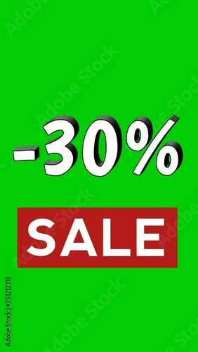 30% sale text animation motion graphics sign symbol on green screen business concept, discount, black Friday events 