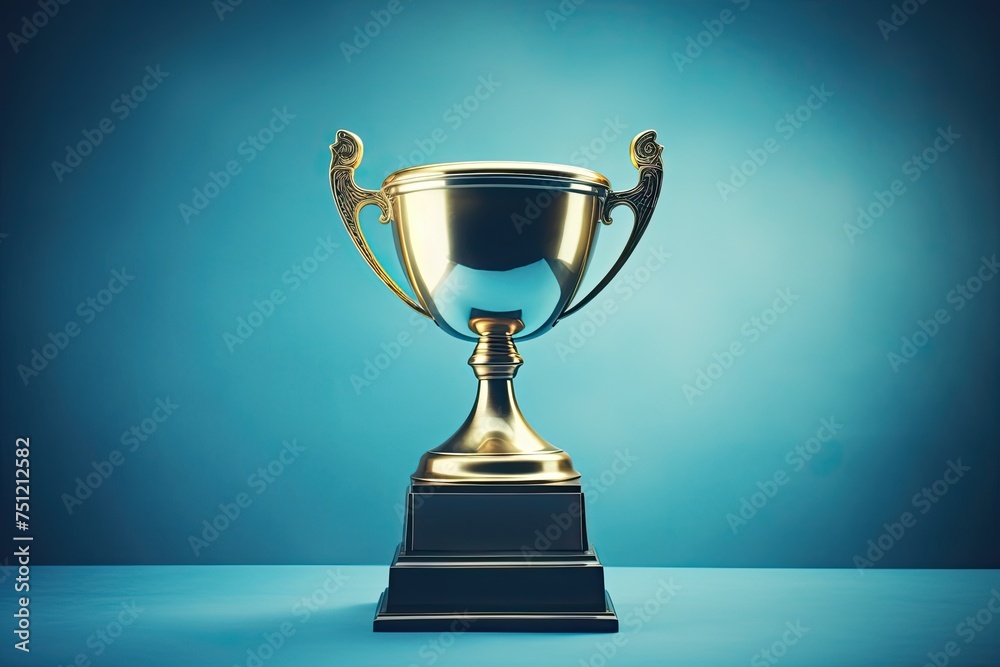 Gold Trophy Cup on Blue Background - Celebrating the Success of a Champion