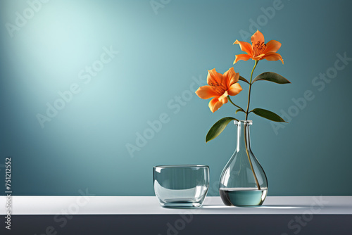 Orange lilies in a glass vase against a blue wall. Minimalism. Generated by artificial intelligence