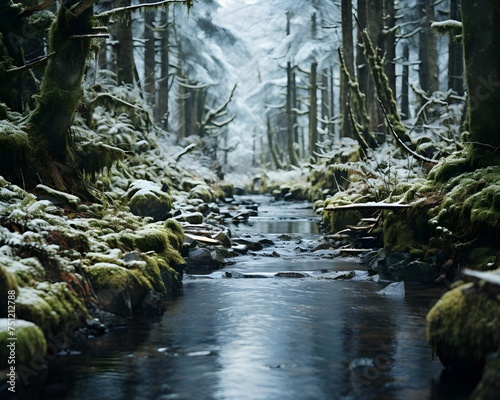 River in the winter forest. Beautiful winter landscape. Snowy forest.