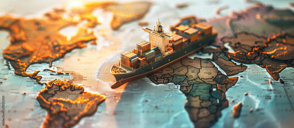 Fototapeta premium import export logistics distribution transportation business concept background. container ship model on world map